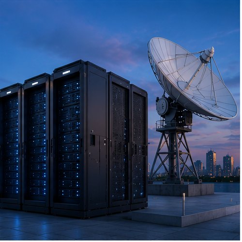 Data centre server racks and satellite dish